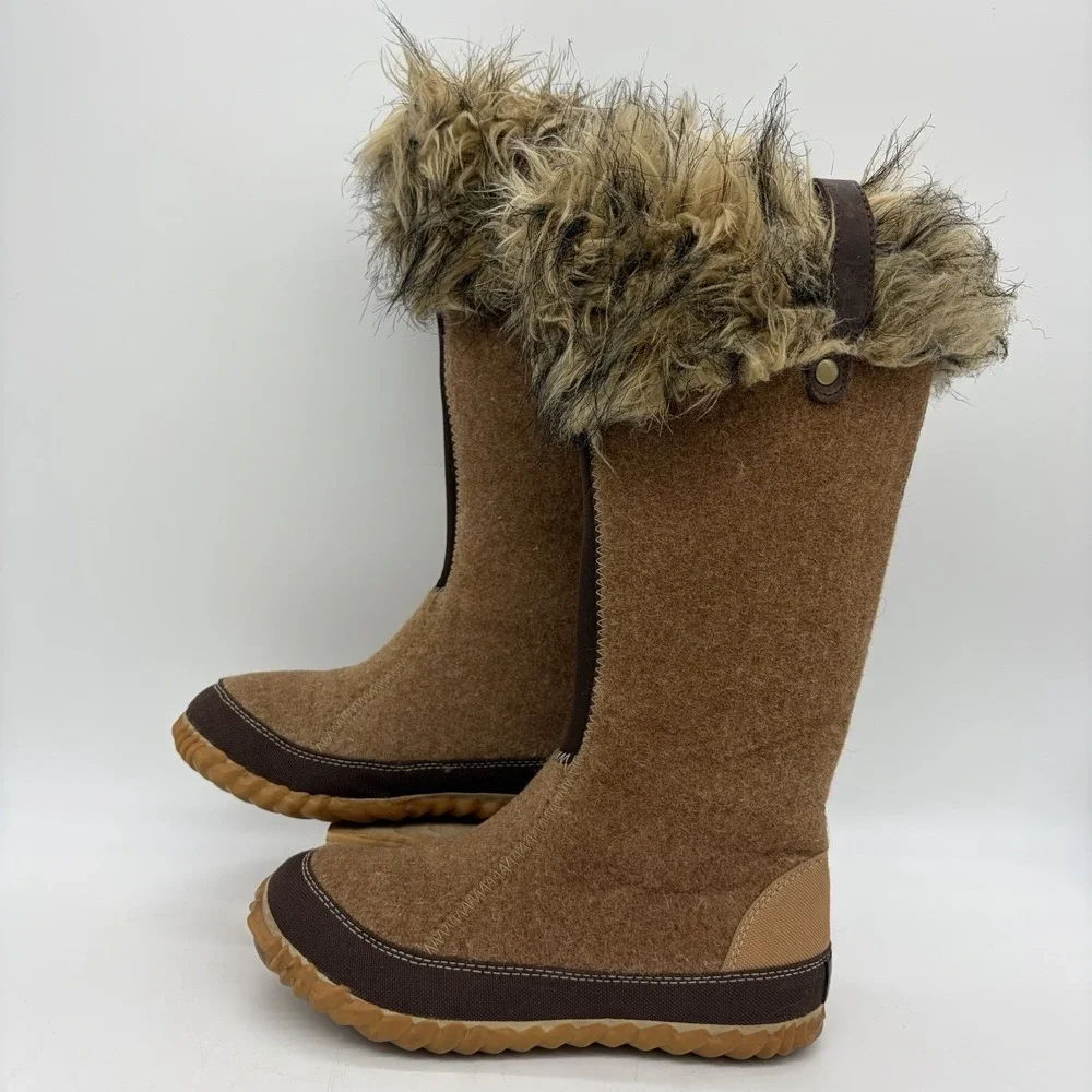 Sorel Womens 5 Boots Cozy Joan Tall Felt Faux Fur Tan Warm Pull On NL1884-286
